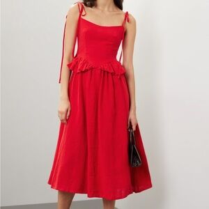 ❣️NWT ELIZA FAULKNER TESSA DRESS RED SLEEVELESS MIDI RUFFLED LINEN XL TIE❣️